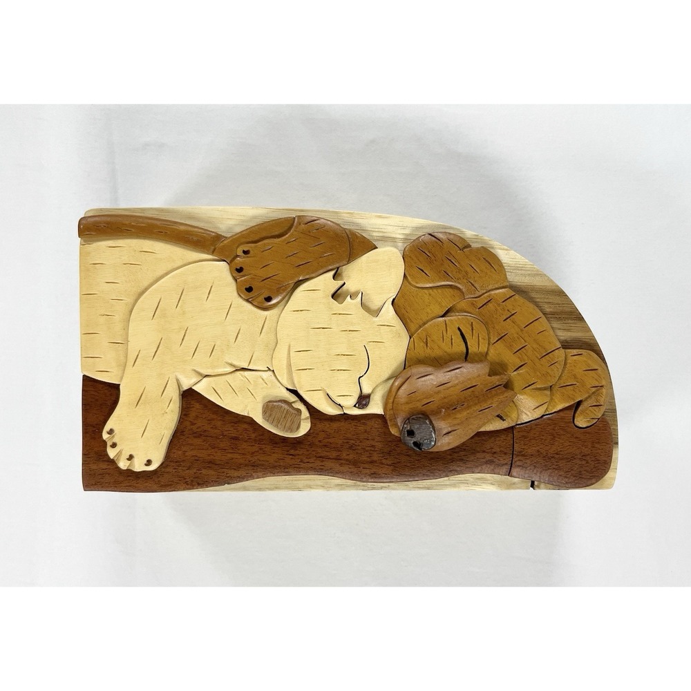 Carver Dan Intarsia Wood Puzzle Box Dog & Cat Sleeping Trinket Memory Box NEW